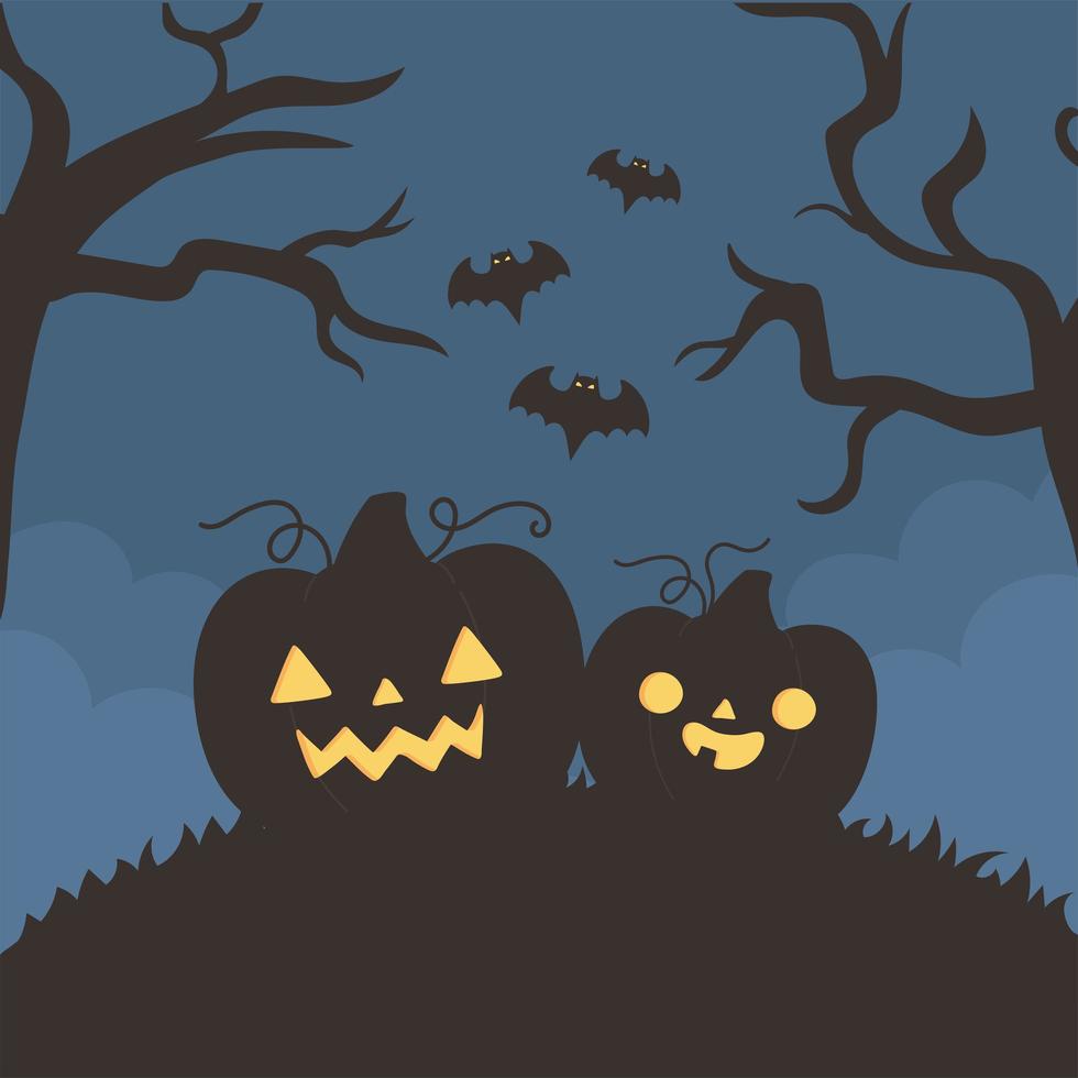 happy halloween, pompoenen, vliegende vleermuizen en bomen vector