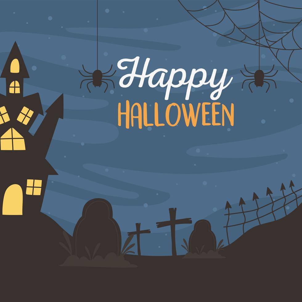 happy halloween, kasteel, begraafplaats, kruisen en spinnen vector