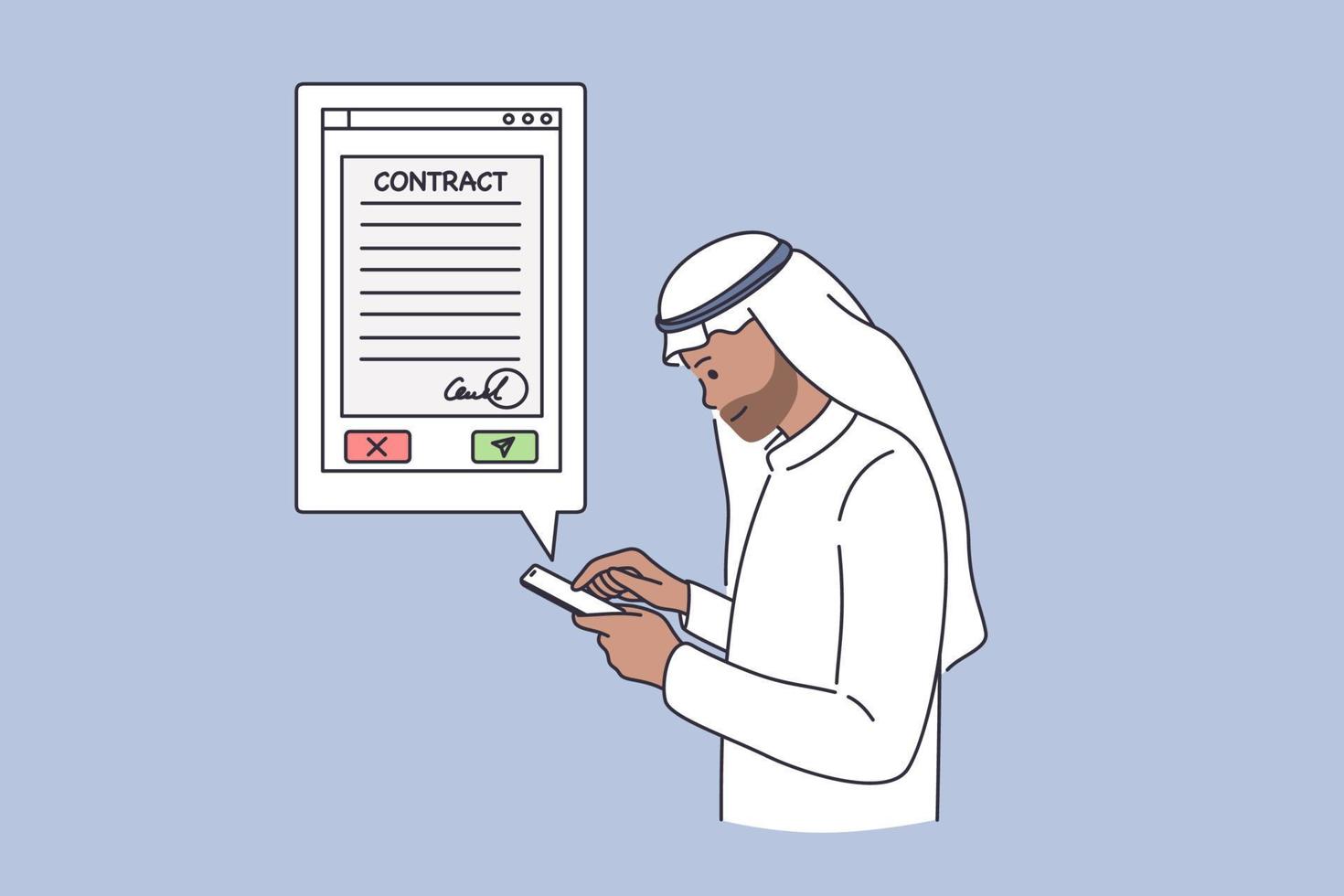 Arabisch bedrijf contracten online concept. Arabisch emiraat zakenman tekenfilm karakter staand met smartphone zoeken voor overeenkomst contract informatie in internet vector illustratie