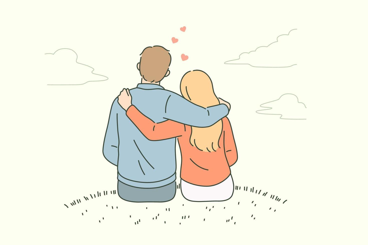 liefde, daten, romance en gevoelens concept. jong liefhebbend paar zittend achteruit omarmen op zoek Bij horizon gevoel in liefde vector illustratie