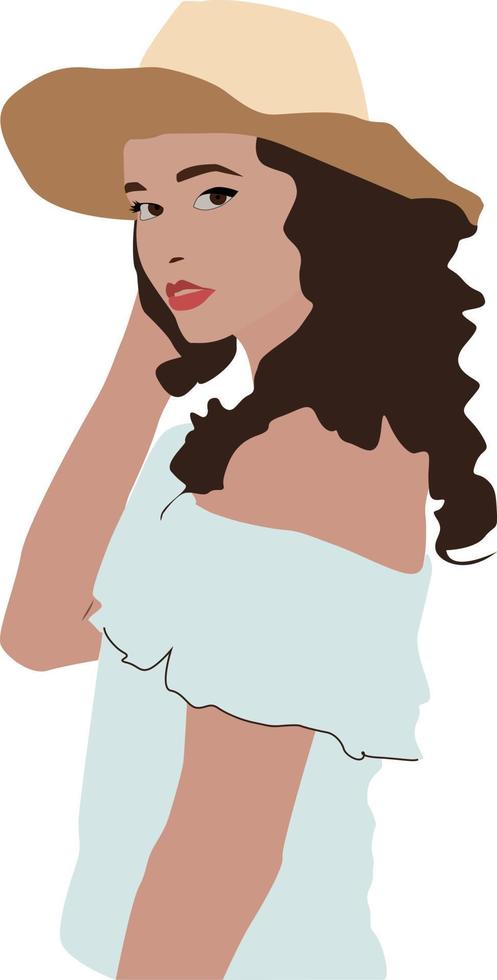 meisje met bruin hoed, illustratie, vector Aan wit achtergrond.