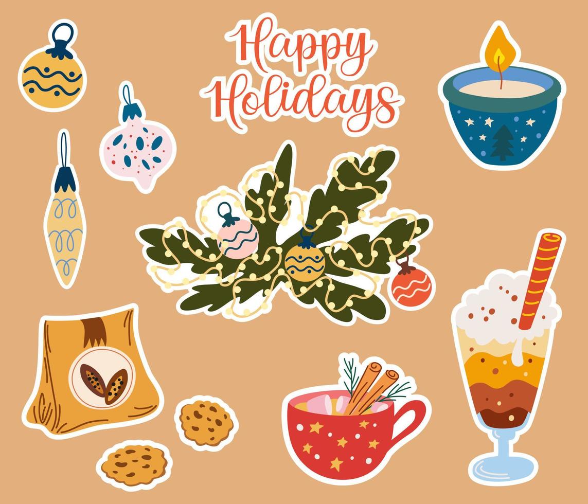 Kerstmis stickers. decoraties, wanten, ballonnen, snoepgoed en kaarsen. winter, nieuw jaar, vakantie. perfect voor groet kaarten, uitnodigingen, flyers. vector illustratie.