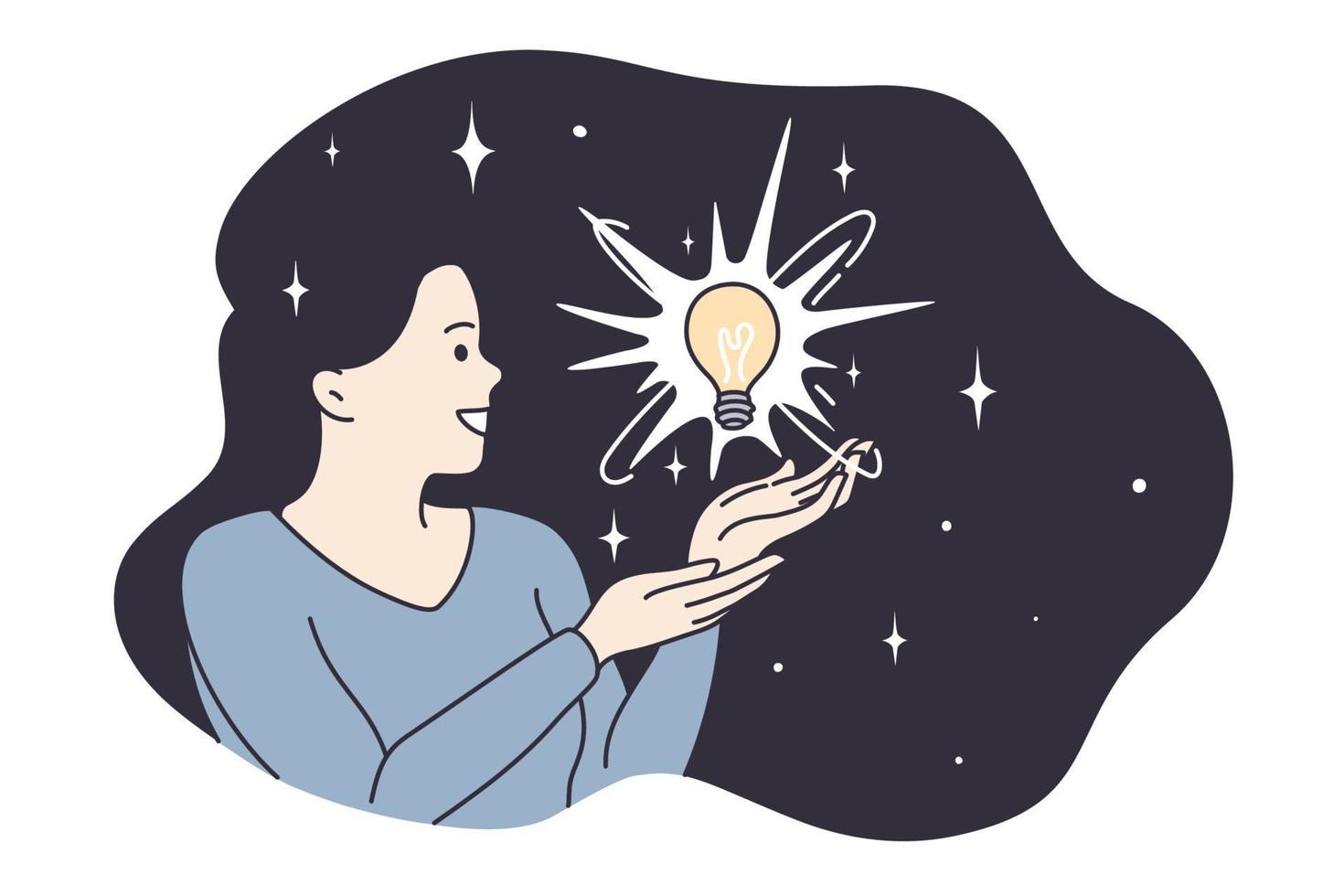 verlichting, harmonie, hebben Super goed idee concept. jong glimlachen vrouw tekenfilm karakter hebben licht lamp in vliegend brunette haar- gevoel positief en opgewonden vector illustratie