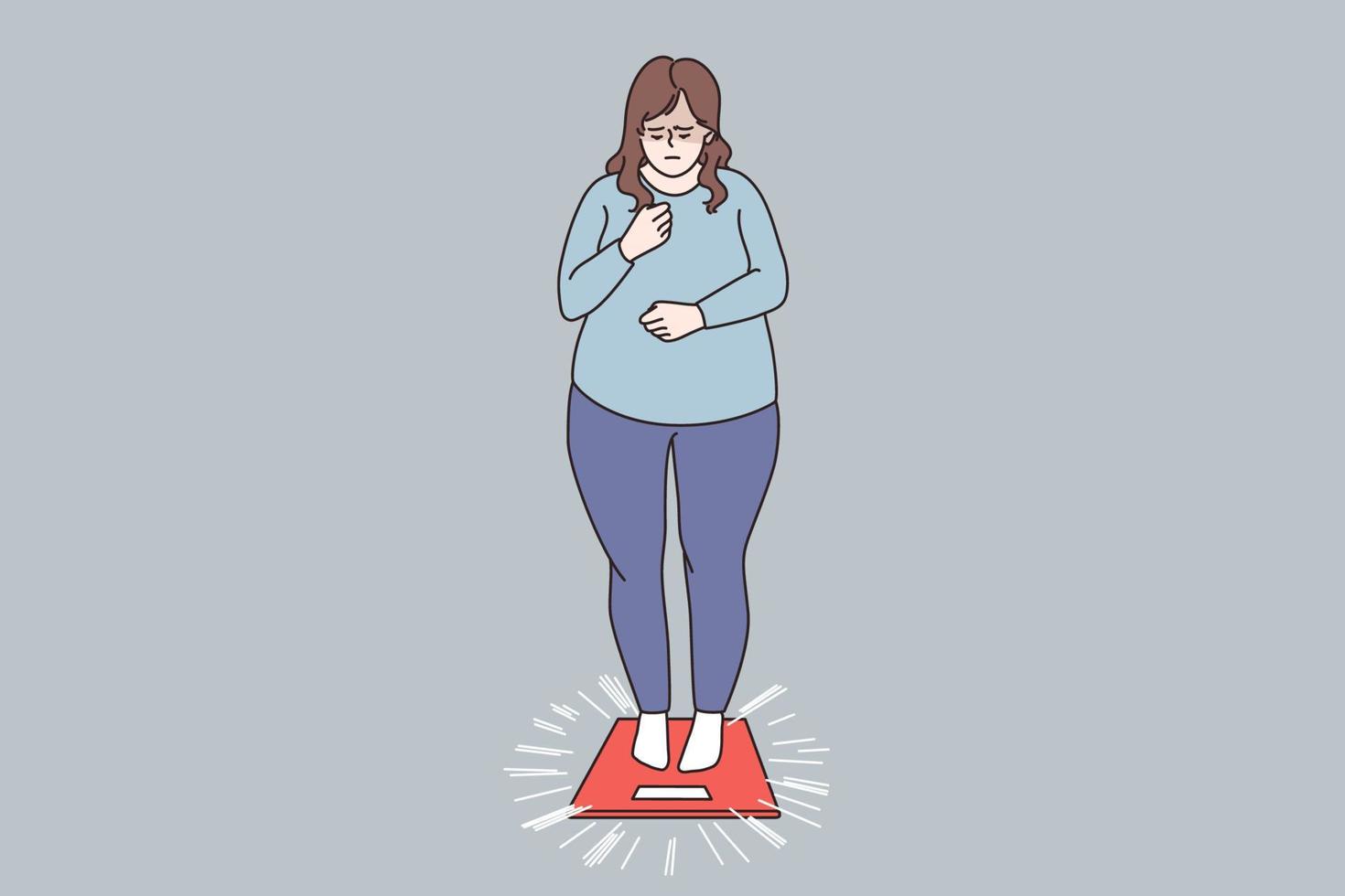 te zwaar en zwaarlijvig mensen concept. dik zwaarlijvig verdrietig vrouw staand Aan balans hebben gewicht problemen gevoel benadrukt vector illustratie