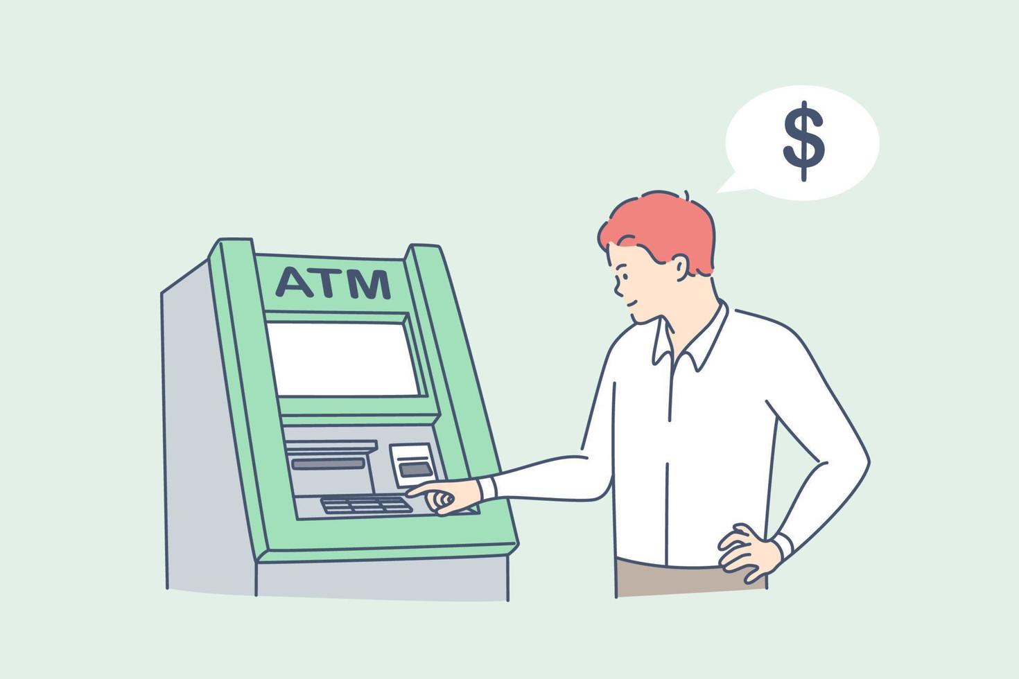 intrekken geld Aan Geldautomaat concept. jong Mens staand binnengaan pincode Aan Geldautomaat machine voor krijgen geld contant geld vector illustratie