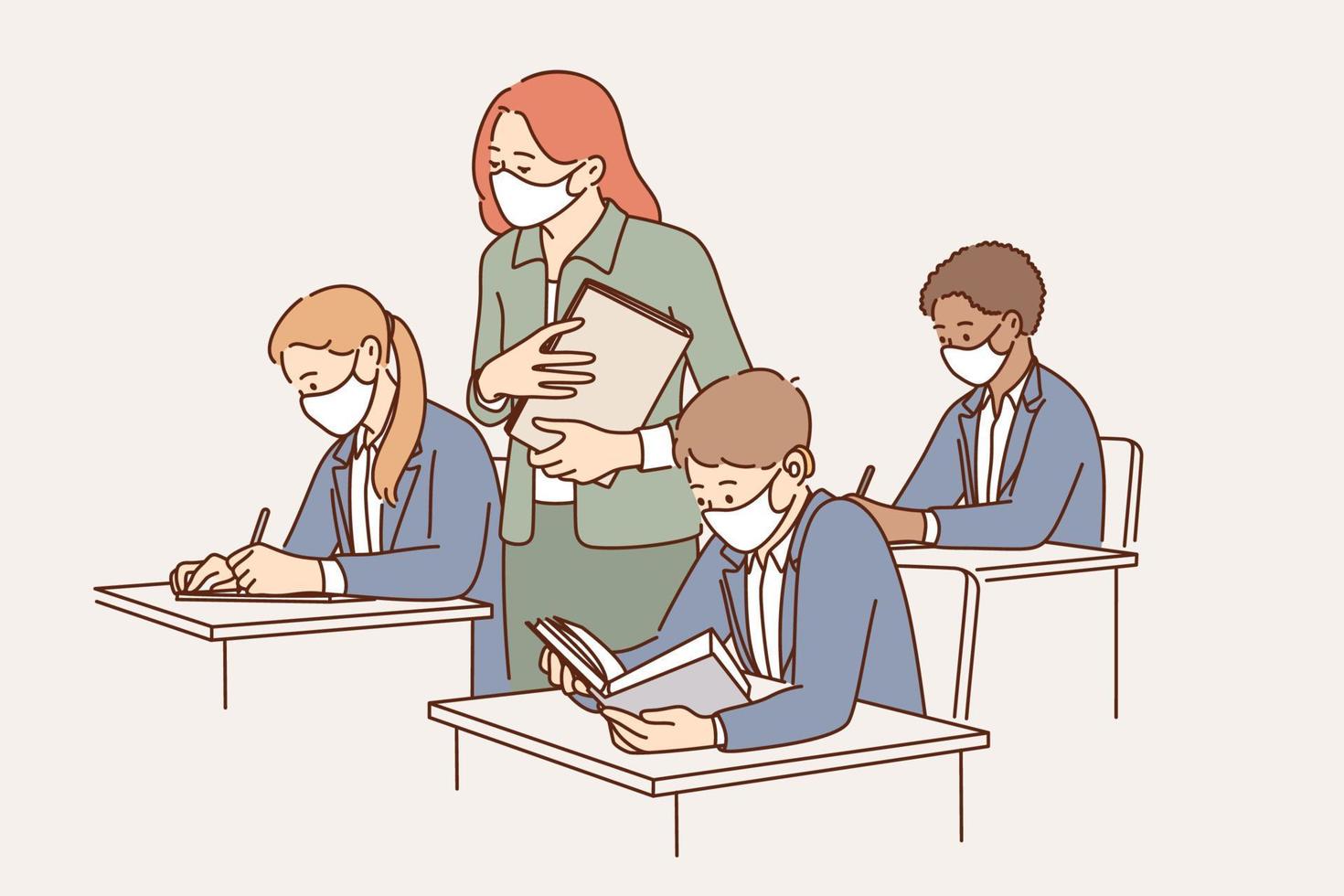 onderwijs en aan het leren gedurende quarantaine concept. groep van leerlingen en jong vrouw leraar in beschermend medisch maskers gedurende les in klas vector illustratie