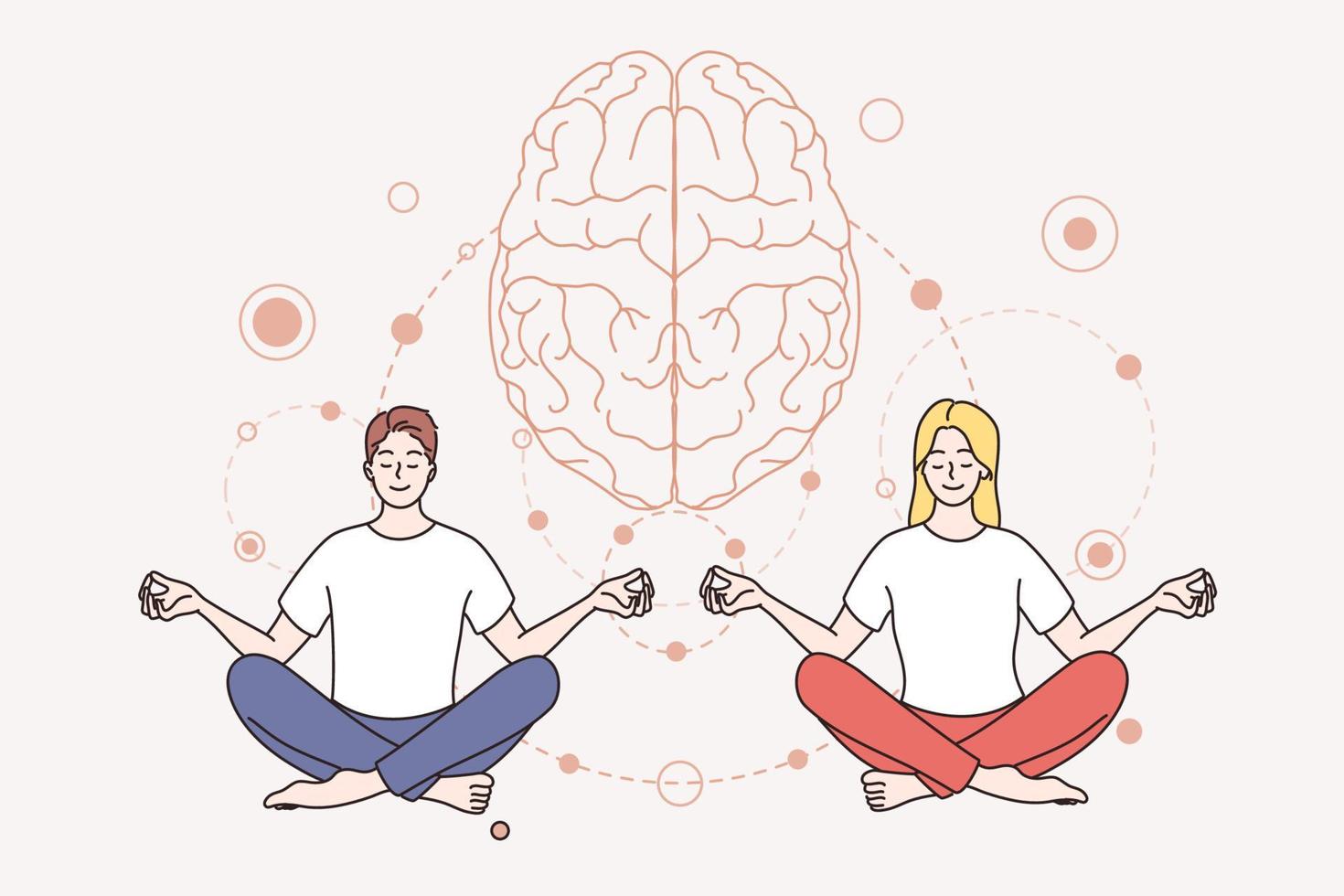 meditatie en mentaal Gezondheid concept. jong glimlachen paar Mens en vrouw tekenfilm tekens zittend meditatie houden geest in vrede vector illustratie