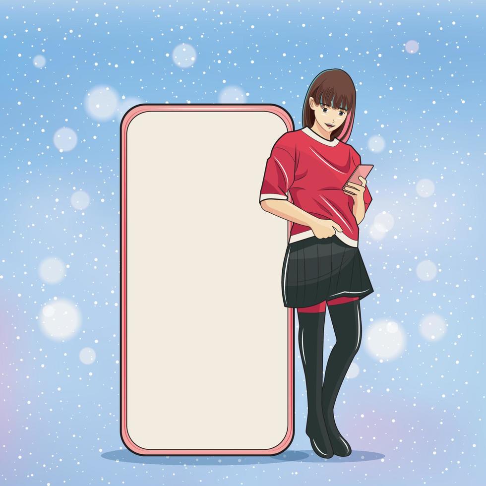 reclame Kerstmis concept. jong meisje gebruik makend van smartphone met groot cel telefoon naast haar vector illustratie pro downloaden