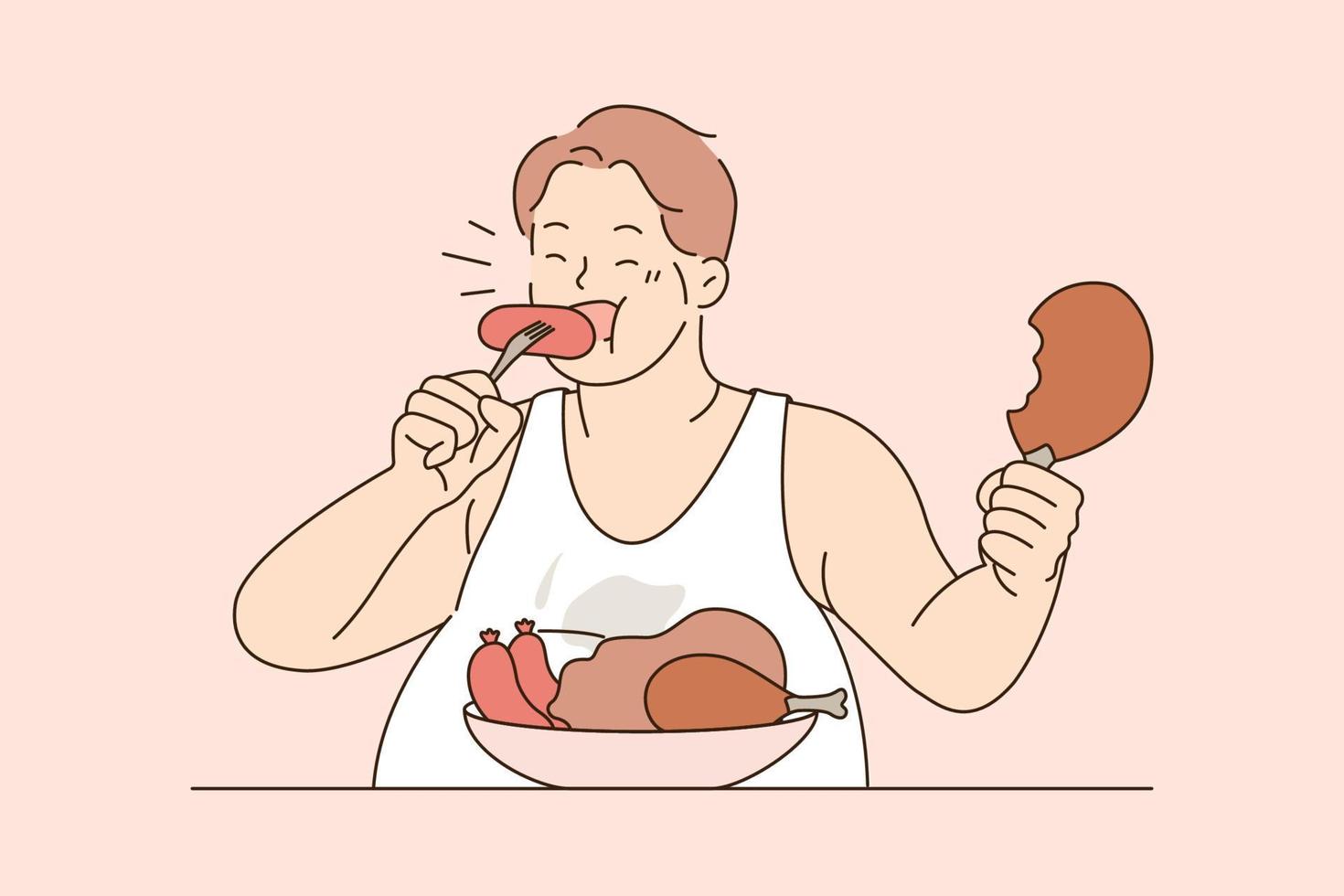 over- aan het eten en ongezond eetpatroon concept. dik Mens zittend aan het eten worstjes vlees met eetlust te veel eten leven ongezond levensstijl vector illustratie