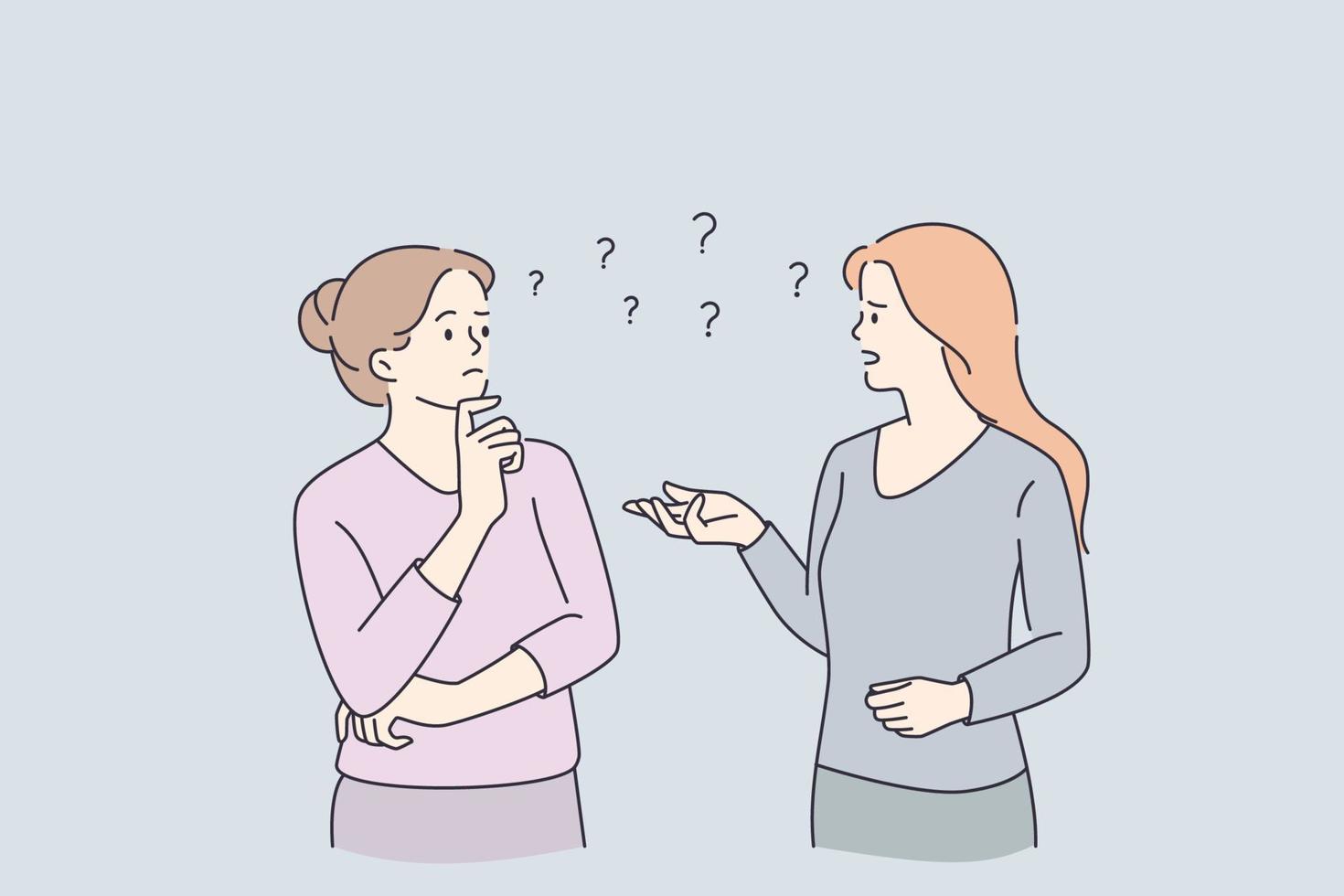 communicatie, gevoel twijfel en onzeker. twee jong Dames staand communiceren chatten een Aan hen gevoel twijfel gefrustreerd vector illustratie