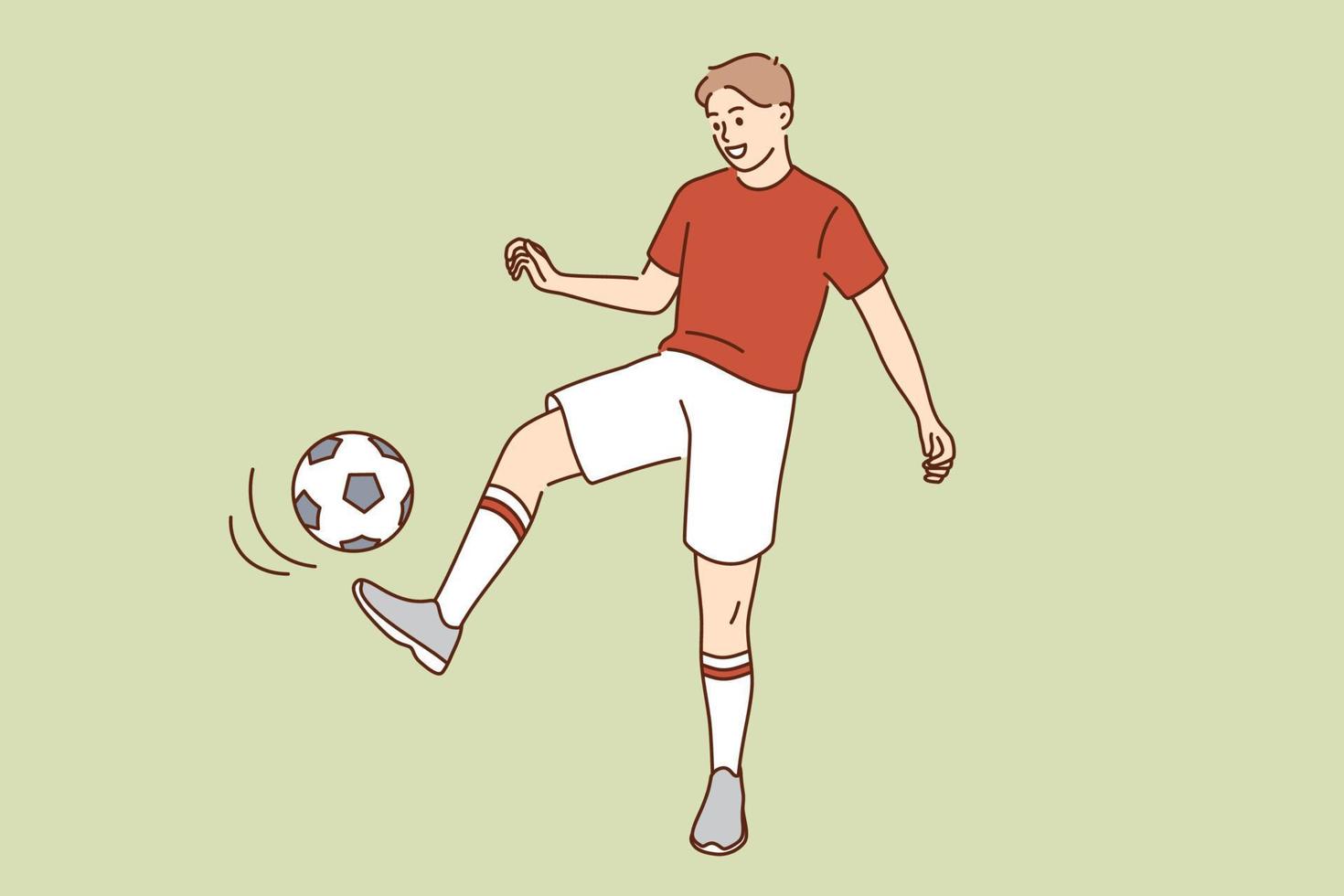 sport hobby en actief levensstijl concept. jong glimlachen Mens jongen tekenfilm karakter schoppen bal spelen voetbal in sportkleding vector illustratie
