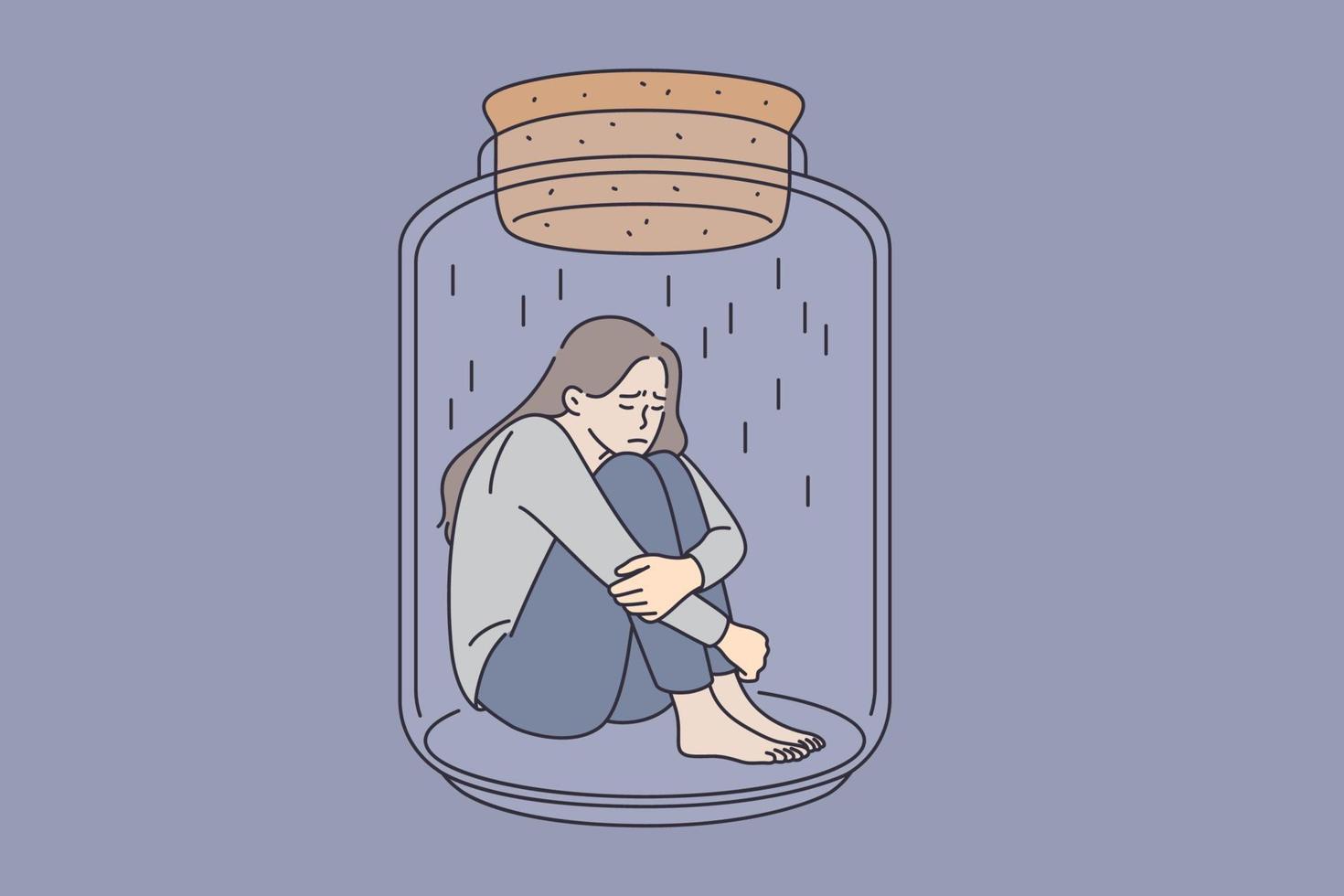 depressie en mentaal Gezondheid concept. jong benadrukt verdrietig vrouw zittend in glas pot omarmen knieën gevoel slecht vector illustratie