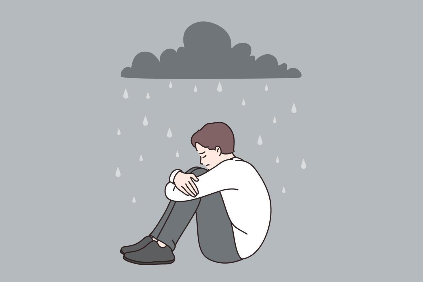 depressie en gevoel eenzaam concept. jong depressief verdrietig gefrustreerd tiener zittend onder zwaar regen Aan grond vector illustratie