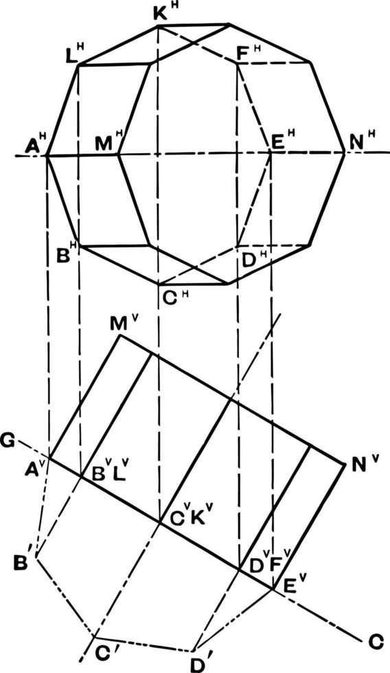 achthoekig prisma orthogonaal projectie wijnoogst illustratie. vector