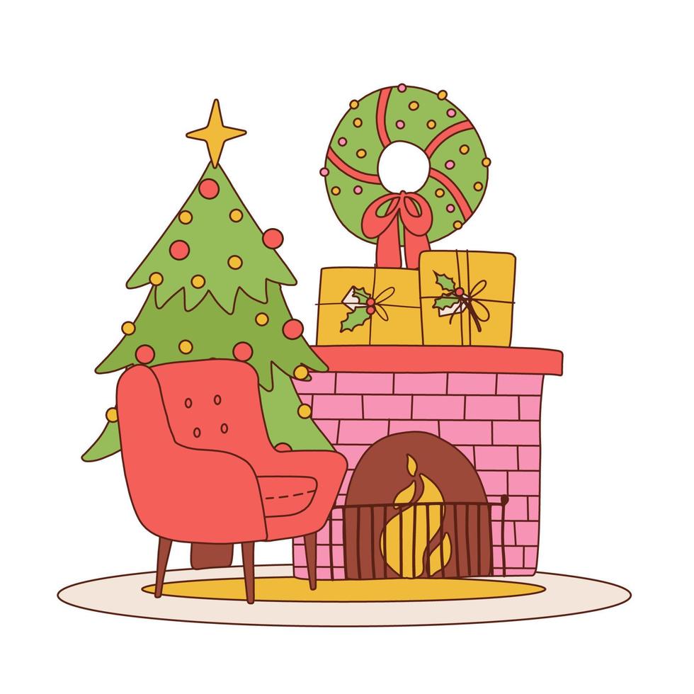 knus samenstelling met haard, rood fauteuil, Kerstmis boom, krans en stapel geschenken. Kerstmis achtergrond in groovy tekenfilm retro stijl. vector lineair illustratie. Kerstmis versierd leven kamer.