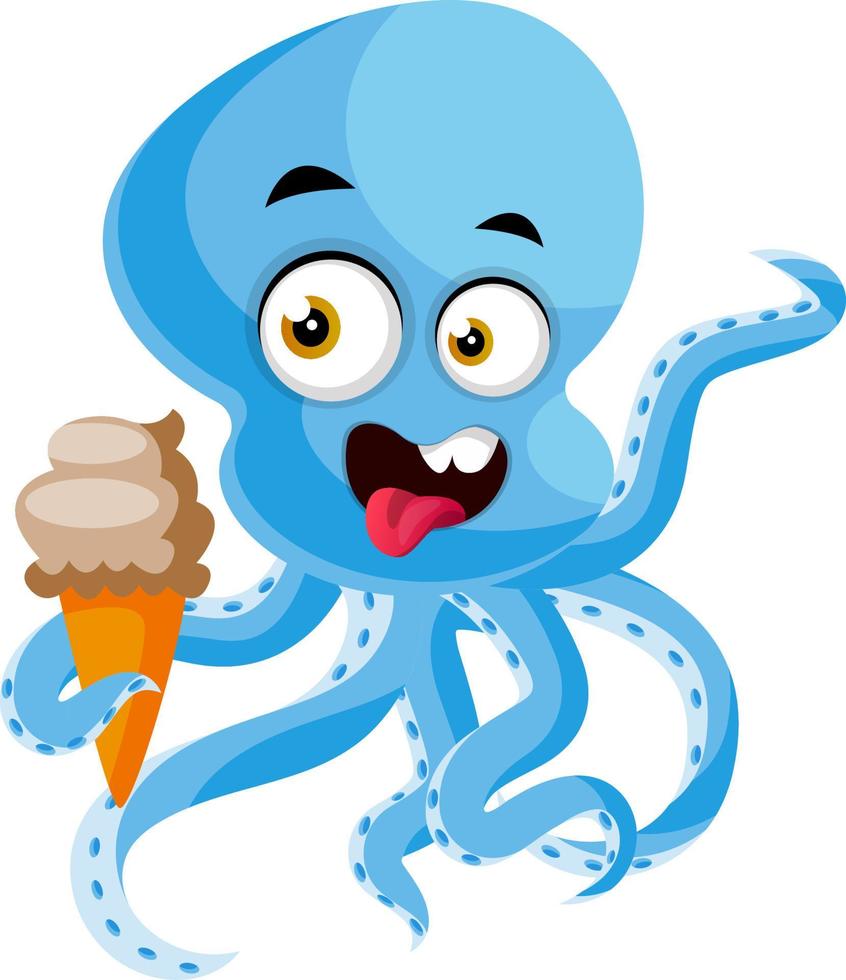 Octopus aan het eten ijs room, illustratie, vector Aan wit achtergrond.