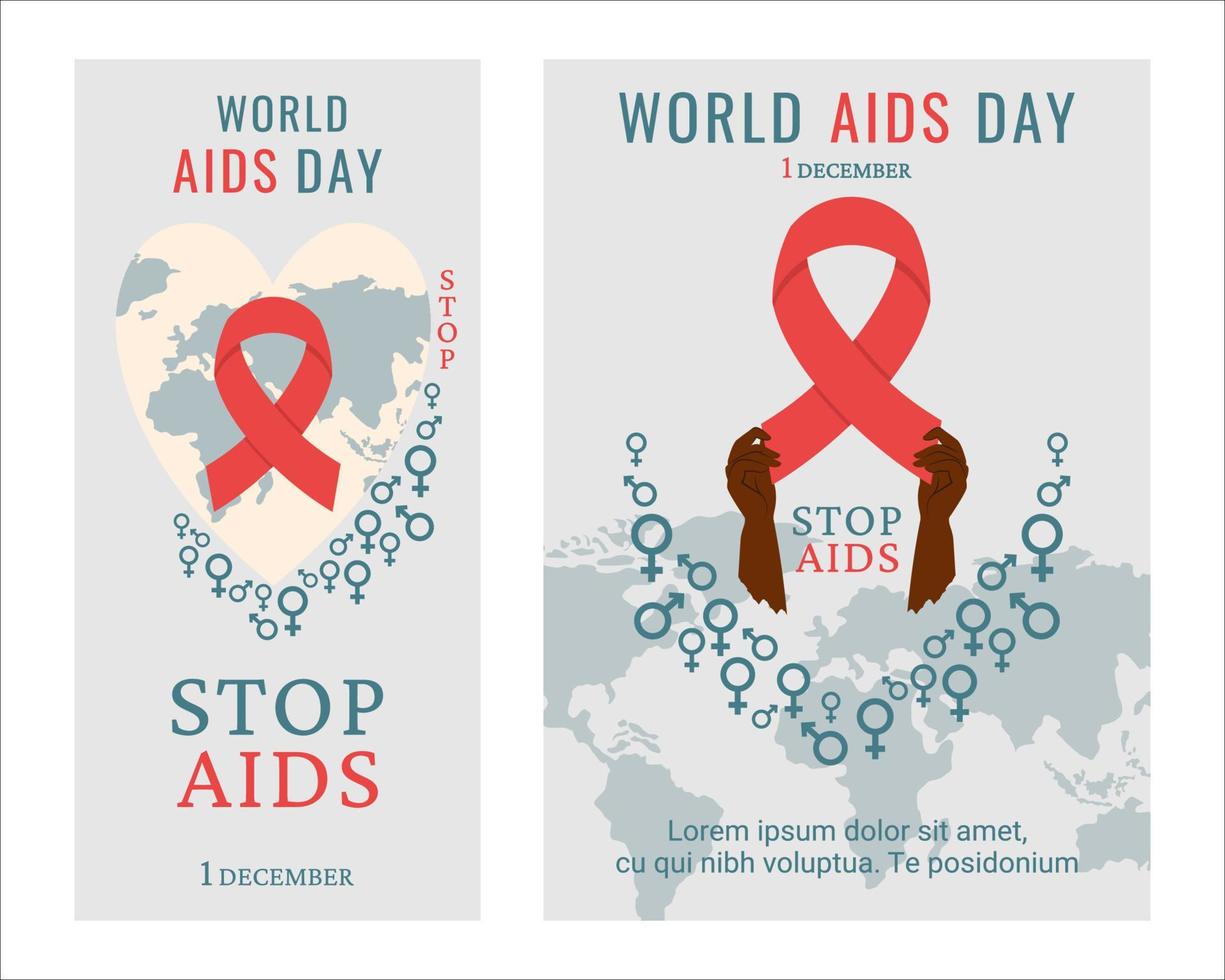 wereld AIDS dag poster, folder. zwart mensen Holding rood lint net zo symbool van de AIDS controle. ondersteuning voor hiv geïnfecteerde mensen. wereld kaart met geslacht tekens, belettering. vector illustratie