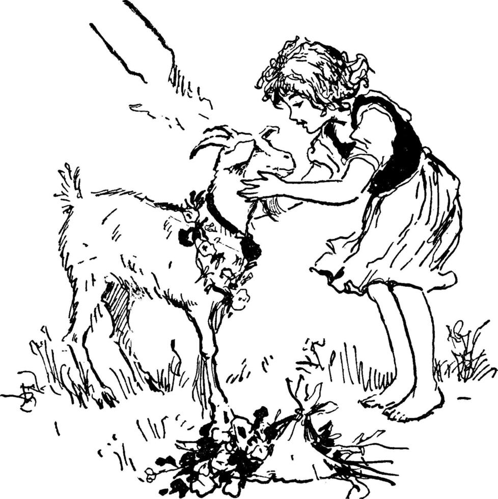 meisje en geit, wijnoogst illustratie vector