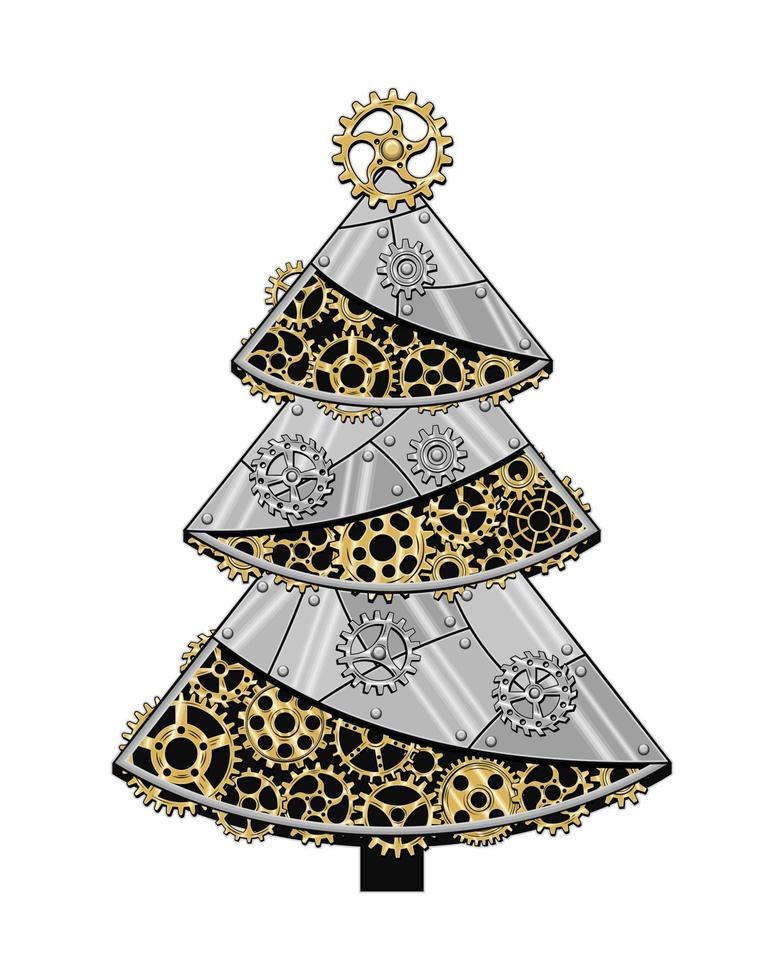Kerstmis boom gemaakt van glimmend zilver metaal platen, versnellingen, tandwielen, klinknagels in steampunk stijl. vector illustratie.