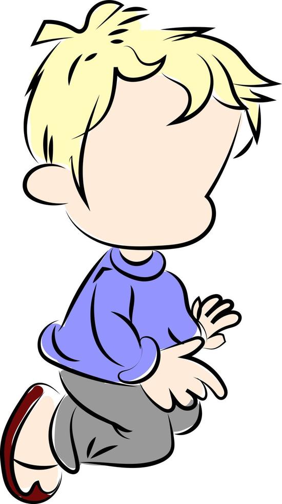 blond jongen vervelend een blauw trui, illustratie, vector Aan wit achtergrond.