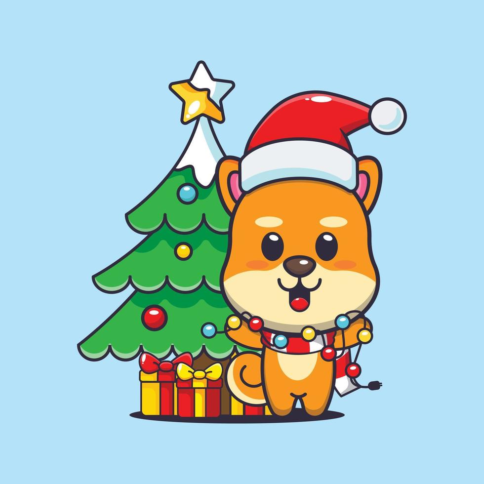 schattig shiba inu hond met kerstmis lamp. schattig Kerstmis tekenfilm illustratie. vector