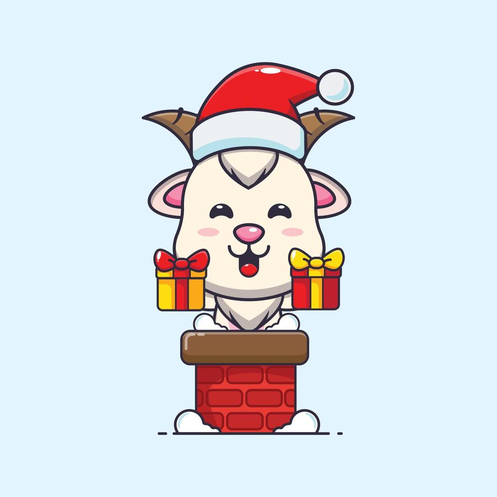 schattig geit met de kerstman hoed in de schoorsteen. schattig Kerstmis tekenfilm illustratie. vector
