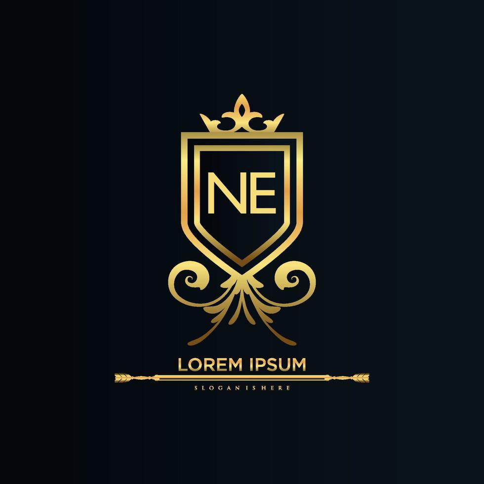 ne brief eerste met Koninklijk sjabloon.elegant met kroon logo vector, creatief belettering logo vector illustratie.