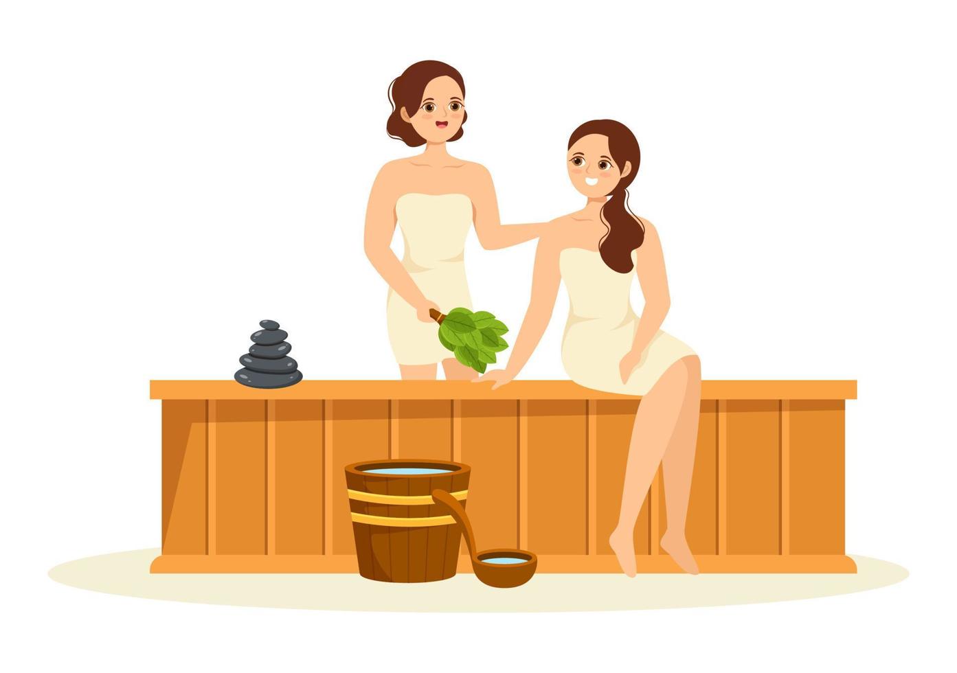 sauna en stoom- kamer met mensen kom tot rust, het wassen hun lichamen, stoom- of genieten van tijd in vlak tekenfilm hand- getrokken Sjablonen illustratie vector