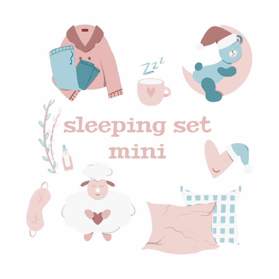 reeks van items voor beter slaap. pyjama, kussen, olie, maan, gezicht masker. ontspanning, slapen concepten vector