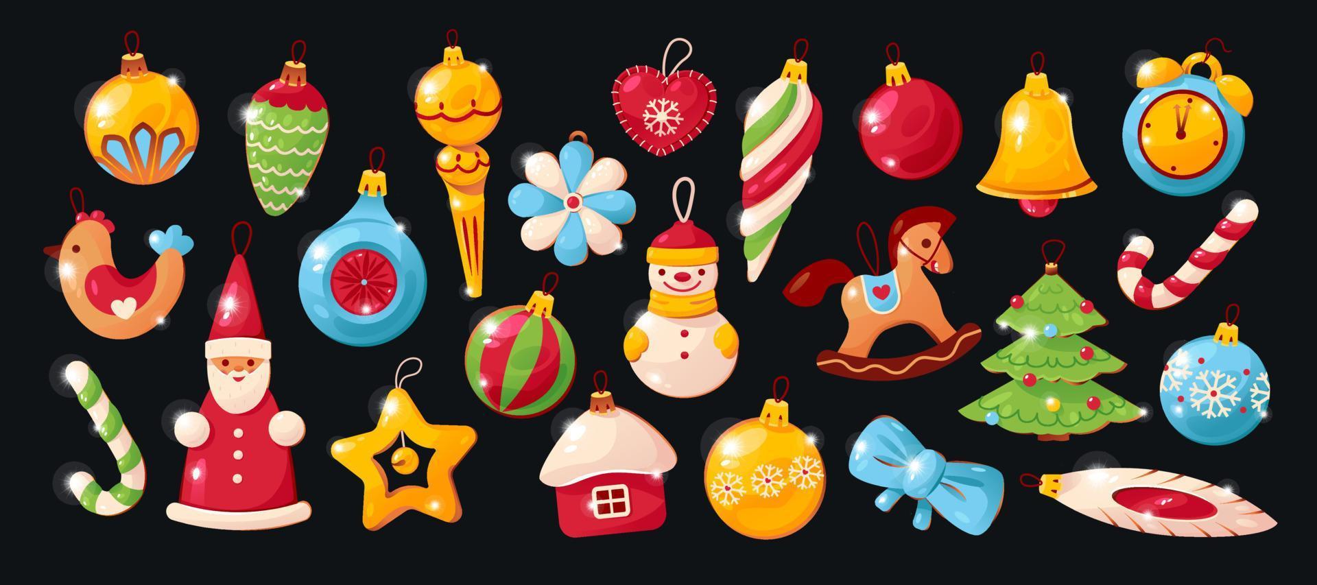 Kerstmis boom decoraties. decoratief speelgoed geschorst Aan veters. traditioneel Kerstmis accessoires. tekenfilm vector illustratie