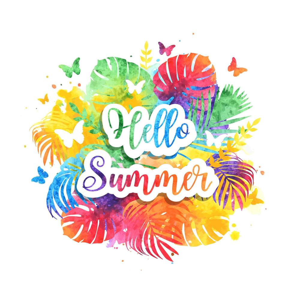 Hallo zomer helder regenboog banier, ansichtkaart. vector waterverf plons achtergrond