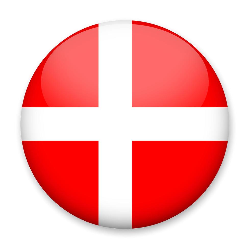 vlag van Denemarken in de het formulier van een ronde knop met een licht schittering en een schaduw. de symbool van onafhankelijkheid dag, een souvenir, een knop voor schakelen de taal Aan de plaats, een icoon. vector