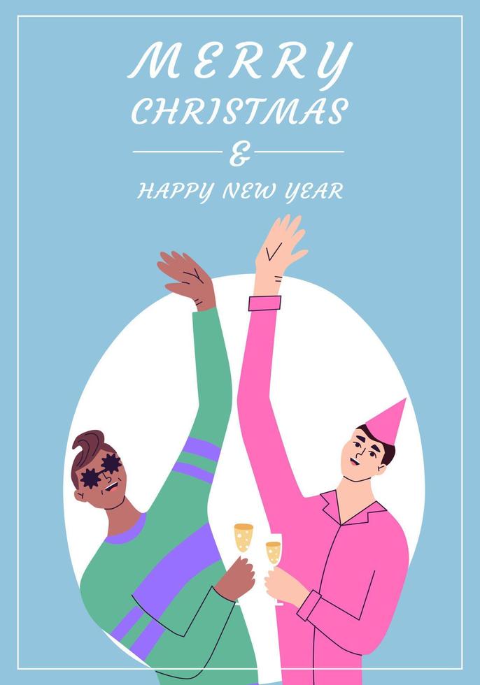 vrolijk Kerstmis en gelukkig nieuw jaar kaart. vrienden vieren winter seizoen vakantie. blij, gelukkig jong mannen. genieten van Bij feest. vector