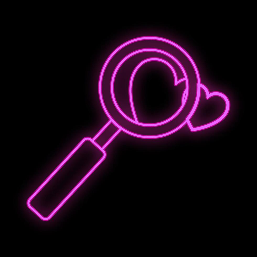helder lichtgevend Purper feestelijk digitaal digitaal neon teken voor een op te slaan of kaart mooi glimmend met een liefde hart en een vergrootglas Aan een zwart achtergrond. vector illustratie