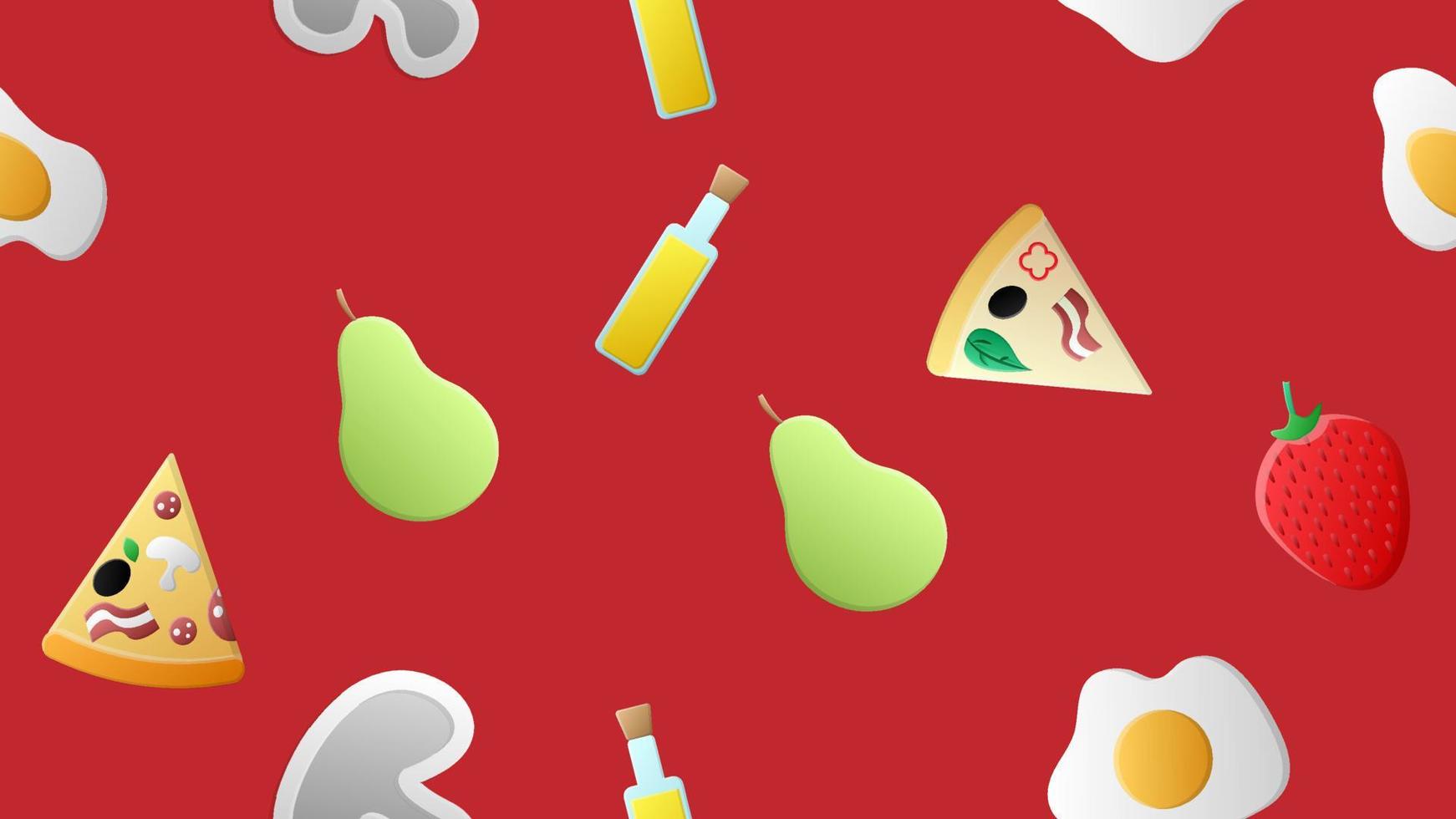 eindeloos rood naadloos patroon van een reeks van pictogrammen van heerlijk voedsel en snacks items voor een restaurant bar cafe pizza, paddestoelen, aardbei, ei, Peer, olijf- olie. de achtergrond vector