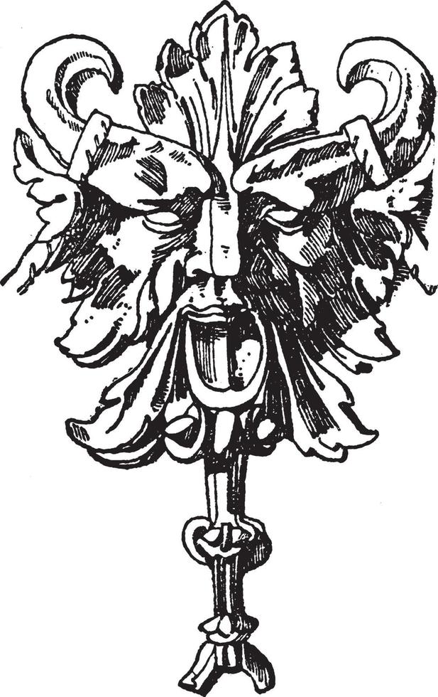 getrokken grotesk masker is Aan een voetstuk van een kolom Aan een graf in pforzheim, wijnoogst gravure. vector