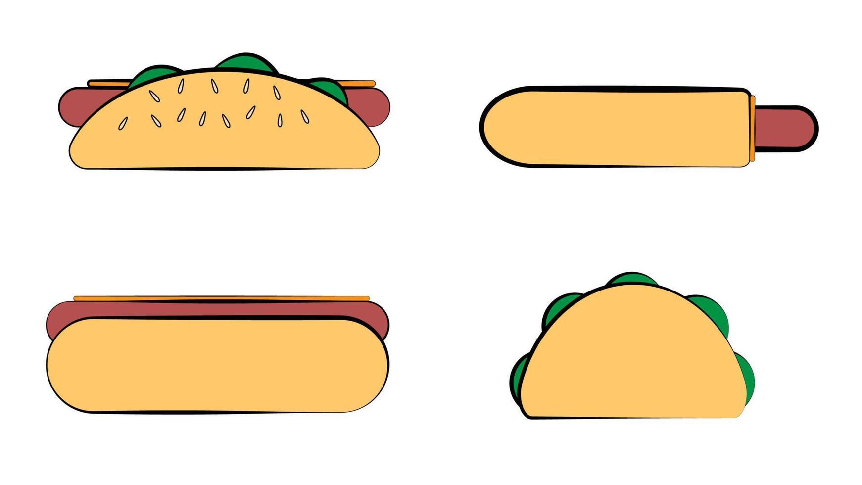 snel voedsel. rommel voedsel en hapjes, Hamburger, taco, Frans Patat, donut en pizza hoog calorie voedsel. tekening snel voedsel vector geïsoleerd pictogrammen set. illustratie van hotdog en croissant, tussendoortje en belegd broodje