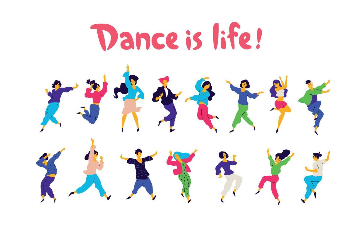 een groep van dansen mensen in verschillend poses en emoties. vector. illustraties van mannen en Dames. vlak stijl. een groep van gelukkig tieners zijn dansen en hebben plezier. dans is leven. vector