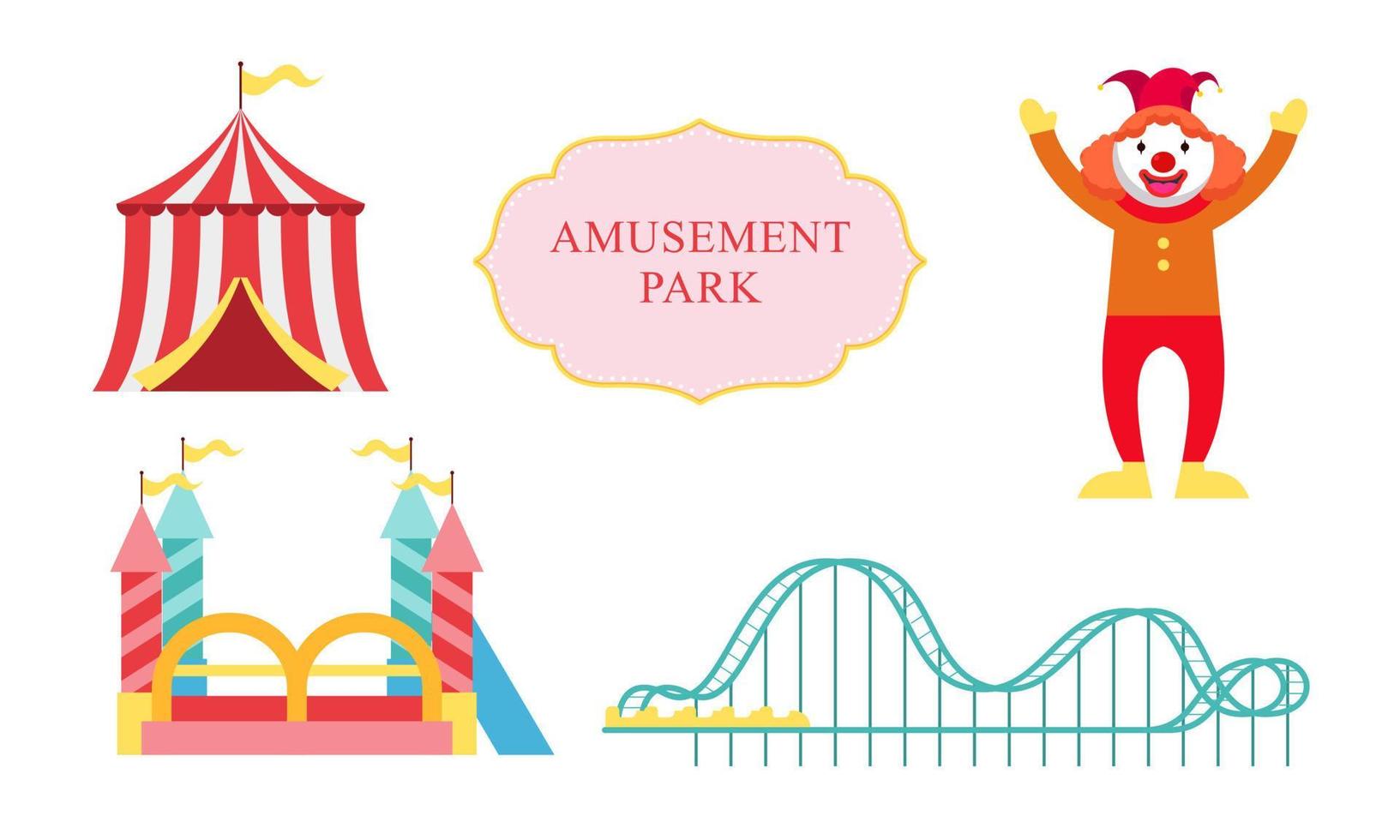 amusement park attracties. carnaval kinderen carrousel, ferris wiel attractie en grappig kermis e vector