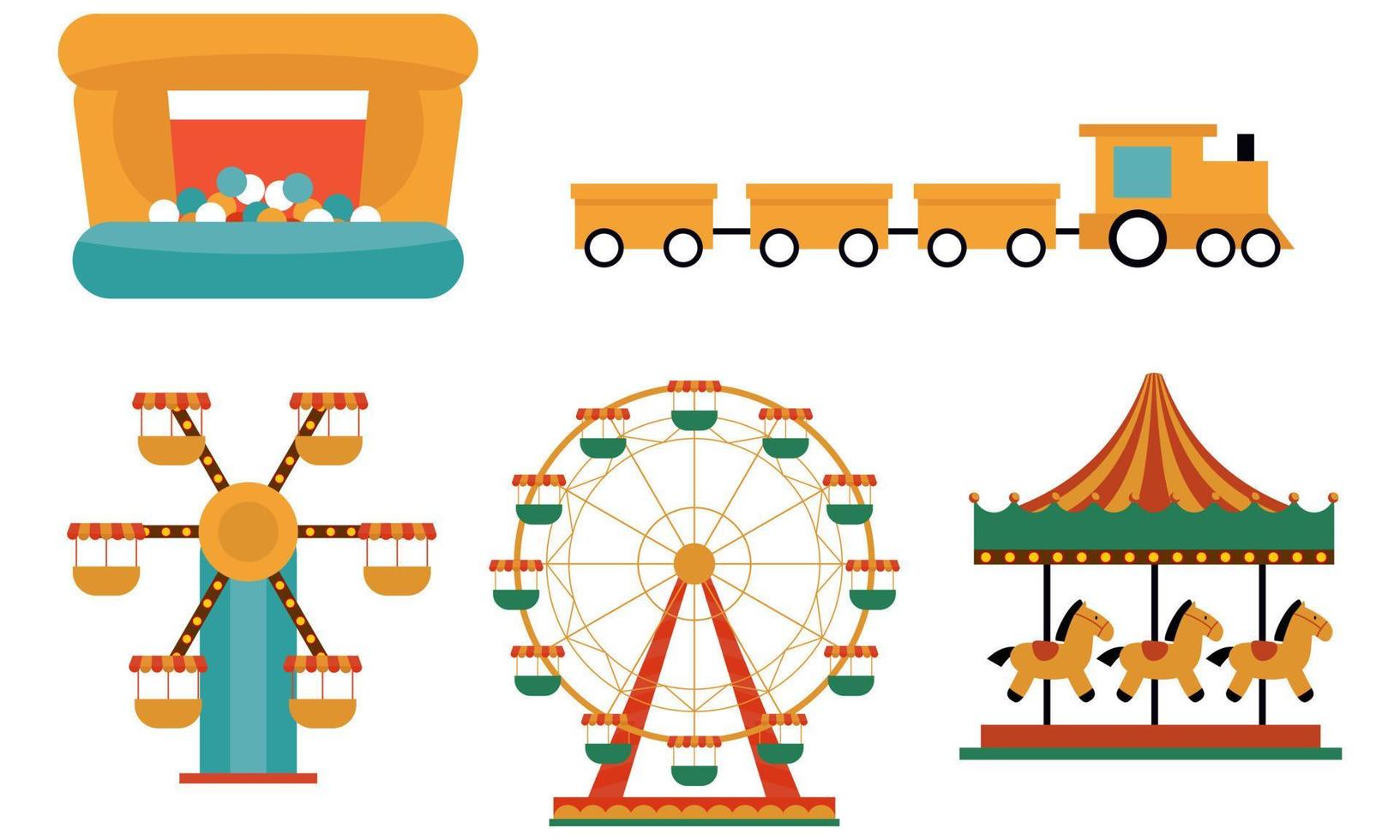 amusement park attracties. carnaval kinderen carrousel, ferris wiel attractie en grappig kermis e vector