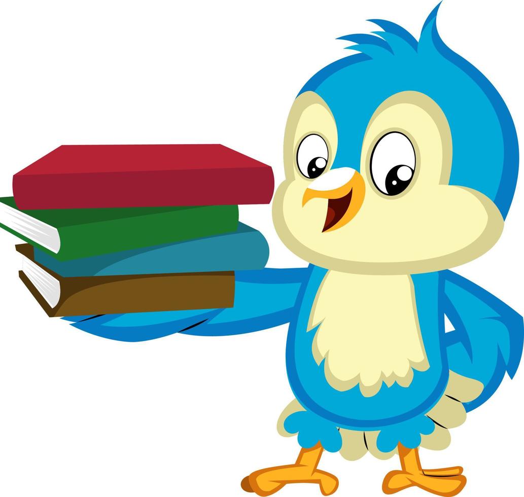 blauw vogel is Holding een stapel van boeken, illustratie, vector Aan wit achtergrond.