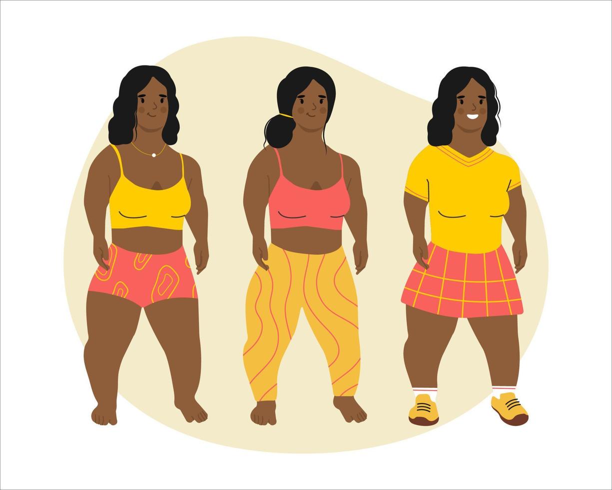 Afrikaanse Amerikaans ondermaats vrouw geïsoleerd Aan wit achtergrond. vrouw karakter in verschillend kleren. lichaam positief beweging en schoonheid diversiteit, gelijkwaardigheid, inclusie. vector geïsoleerd illustratie.