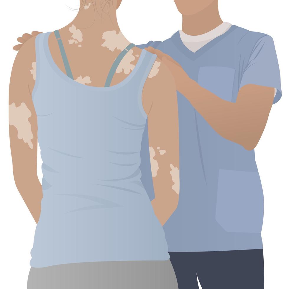 jong vrouw met vitiligo Aan de huid Bij de dokter afspraak. schoonheid verscheidenheid concept, positief lichaam, zelfacceptatie, chronisch huid ziekte bewustzijn, illustratie vector