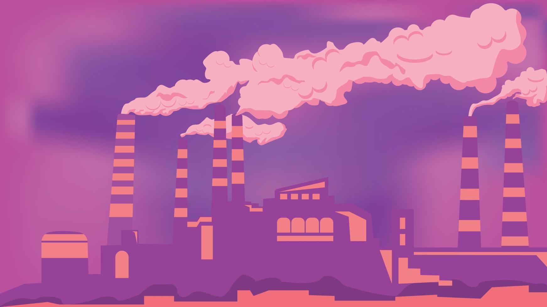 vector illustratie van industrieel silhouet landschap met fabriek gebouwen en verontreiniging in vlak ontwerp Purper stijl