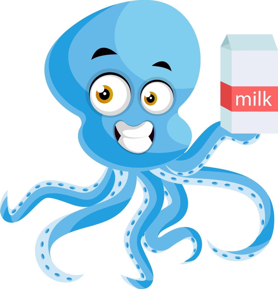 Octopus Holding melk, illustratie, vector Aan wit achtergrond.