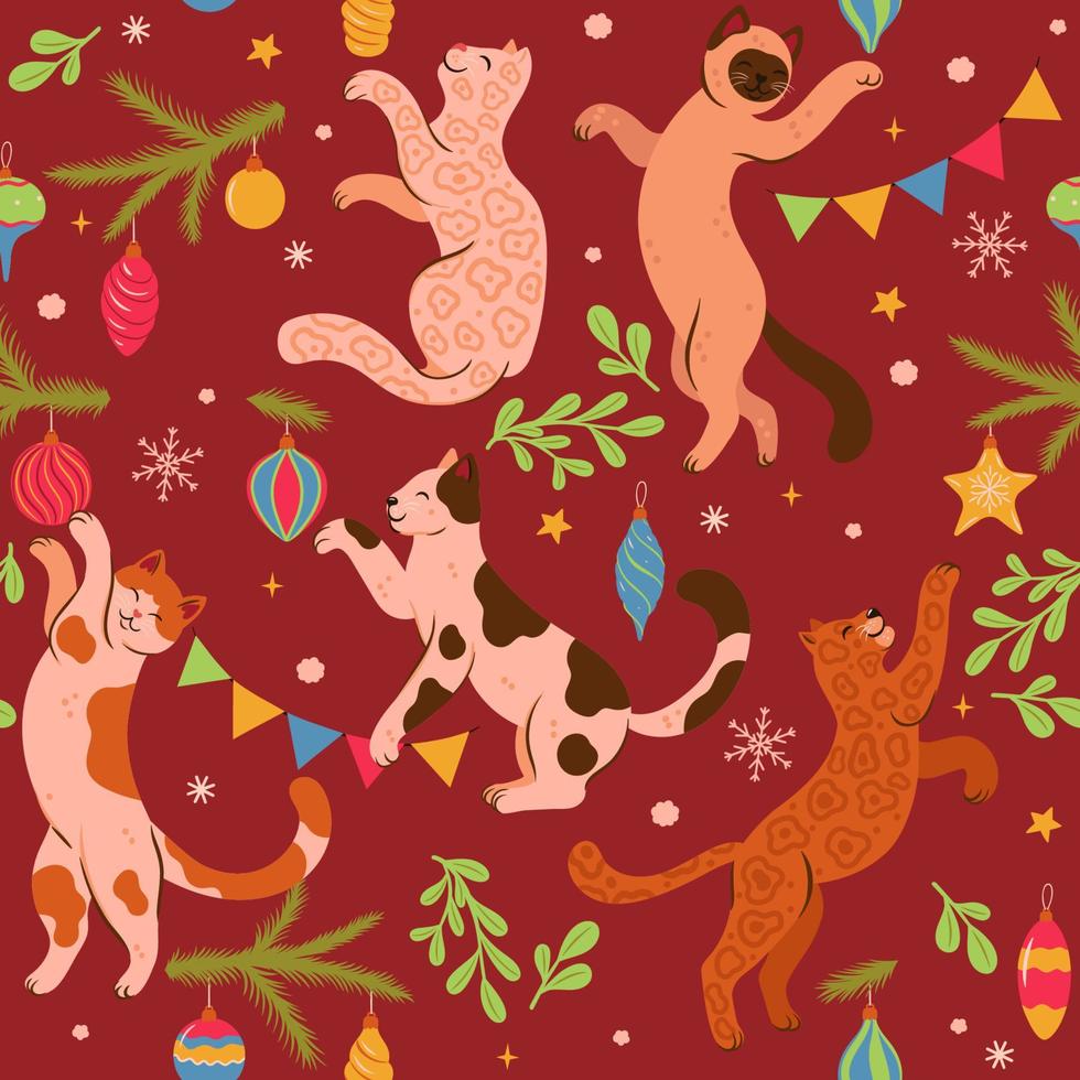 naadloos patroon met schattig katten en Kerstmis decoraties. vector grafiek.