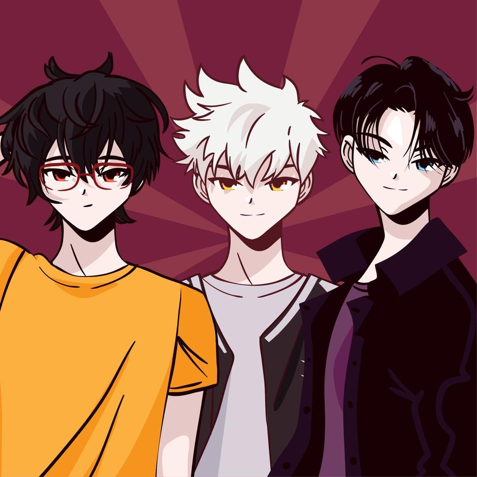 anime groep jong mannen vector