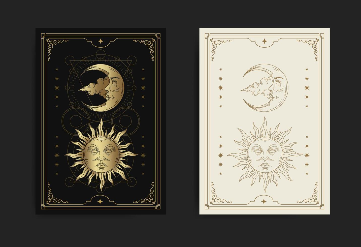 zon en maan gezicht in gravure, luxe, esoterisch, boho stijl. geschikt voor spiritisten, helderzienden, tarot, fortuin stemopnemers, astrologen en tatoeëren vector