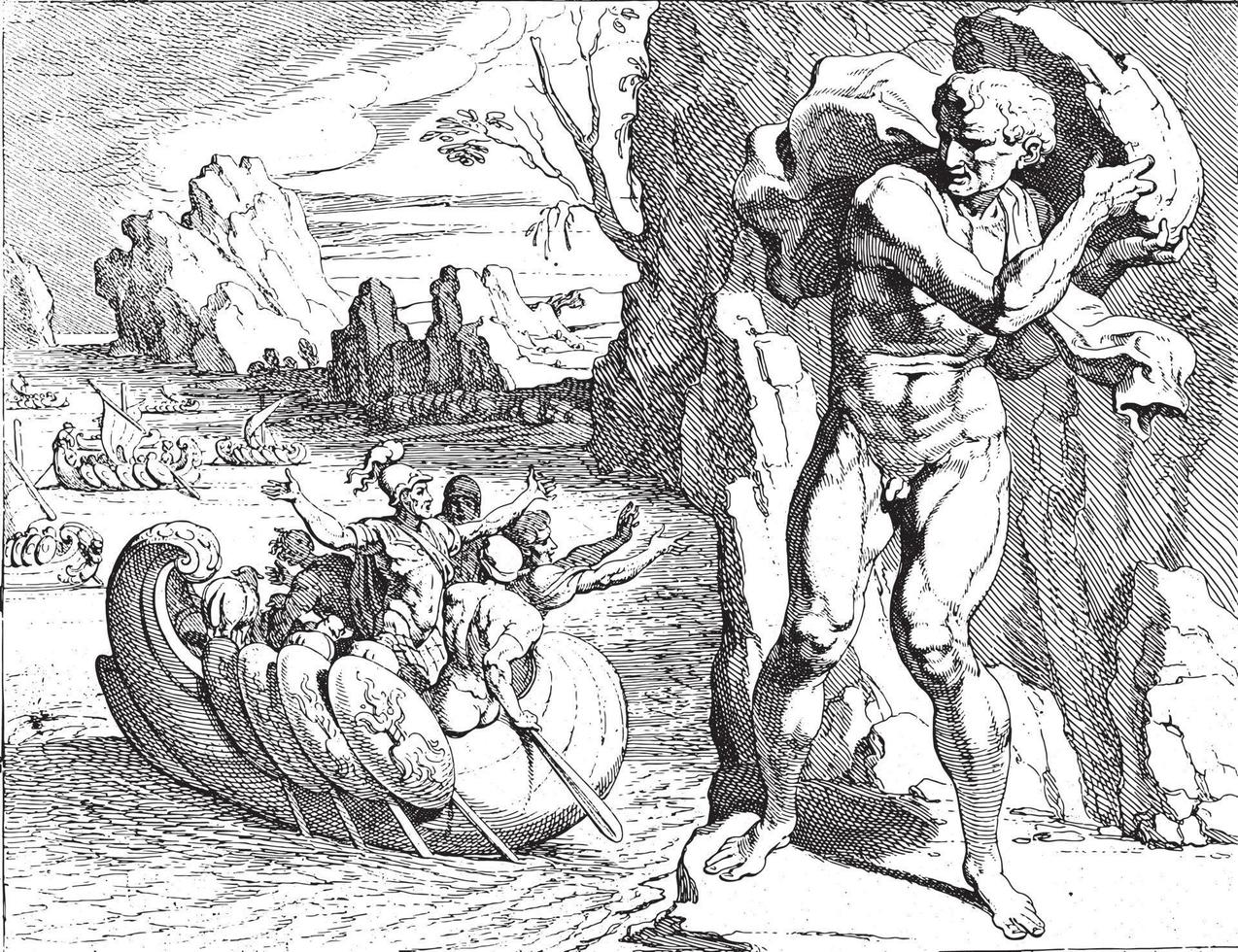 polyphemus gooit een rots Bij de schip van Odysseus, wijnoogst illustratie. vector