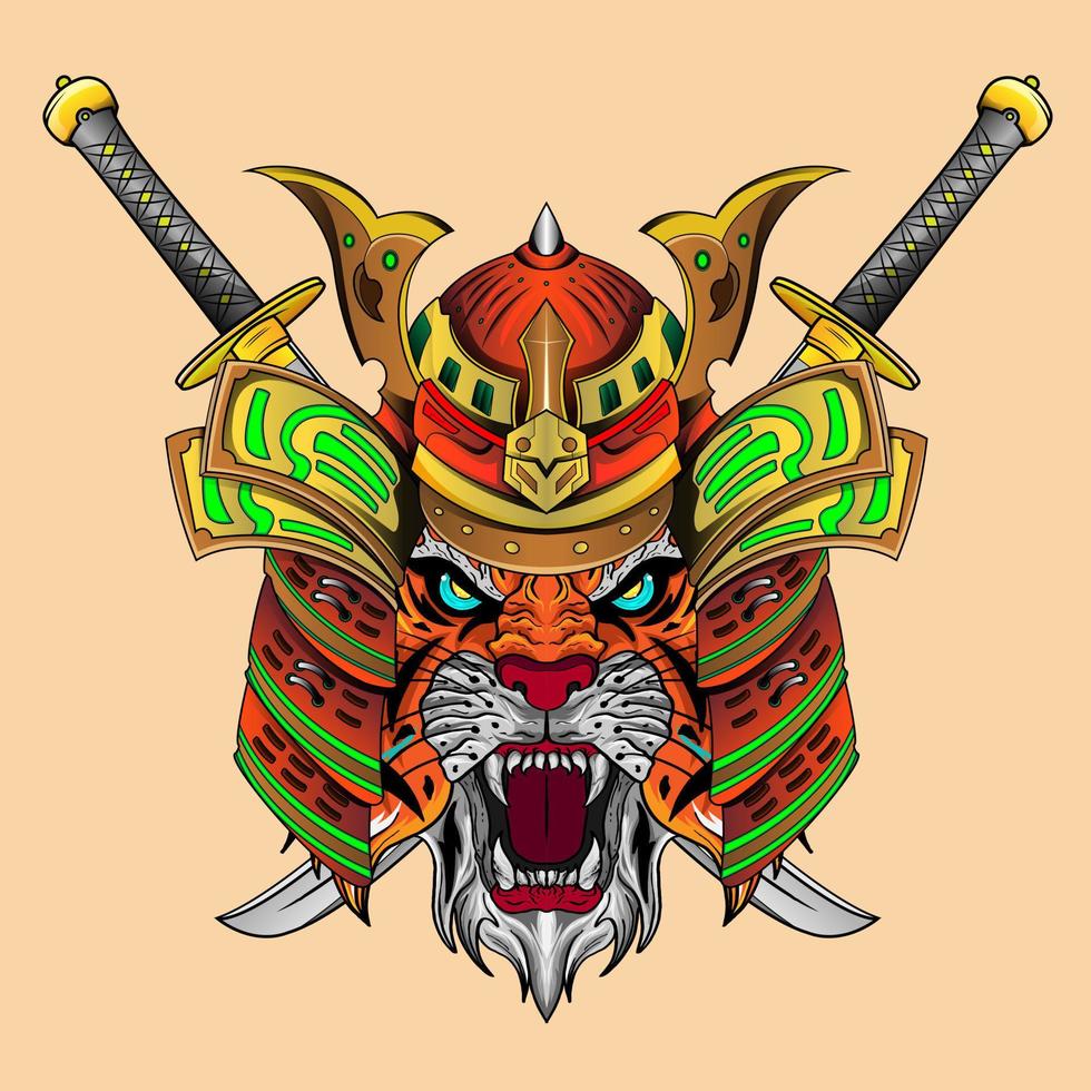 japanse samurai tijger ridder hoofd artwork illustratie en t overhemd ontwerp samurai tijger helm geïnspireerd door Japans tekening stijl vector